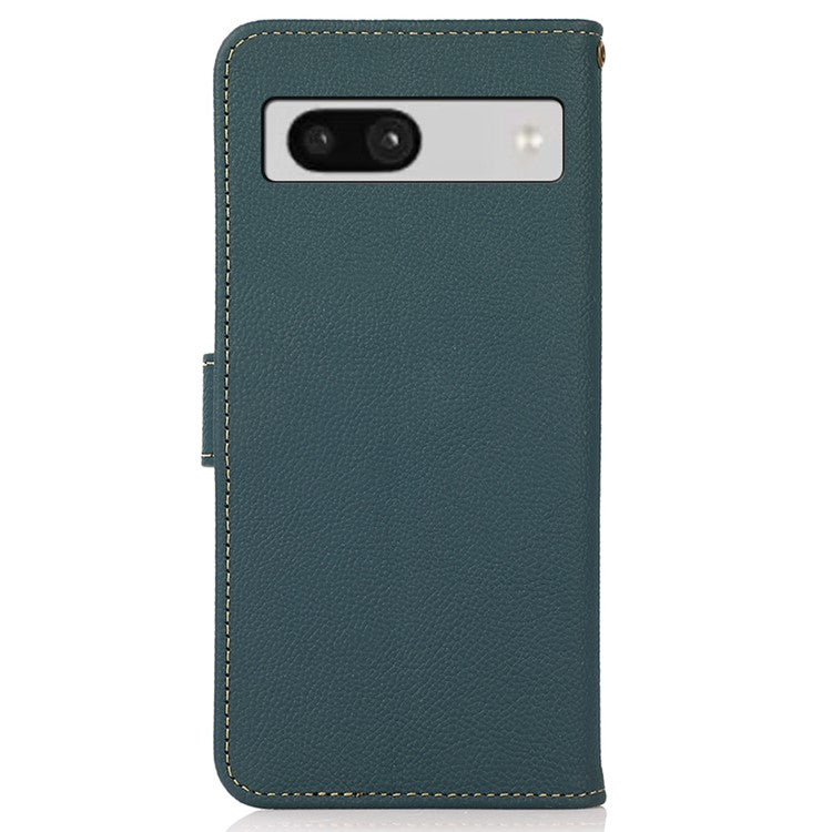KHAZNEH For Google Pixel 7a RFID Blocking Wallet Phone Shell Genuine Cow Leather Stand Cover - Green