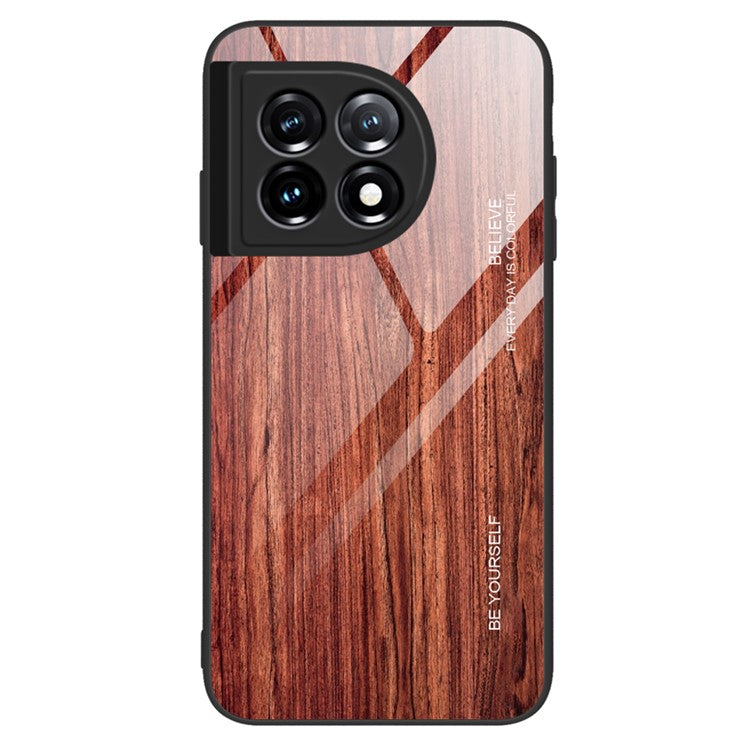 For OnePlus 11 5G Wooden Pattern Anti-fall Phone Case Tempered Glass + TPU Protective Cover - Wine Red