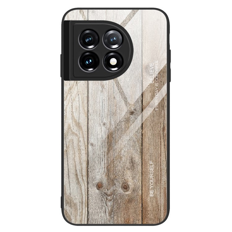 For OnePlus 11 5G Wooden Pattern Anti-fall Phone Case Tempered Glass + TPU Protective Cover - Grey