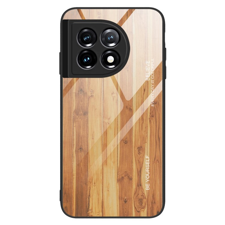 For OnePlus 11 5G Wooden Pattern Anti-fall Phone Case Tempered Glass + TPU Protective Cover - Brown