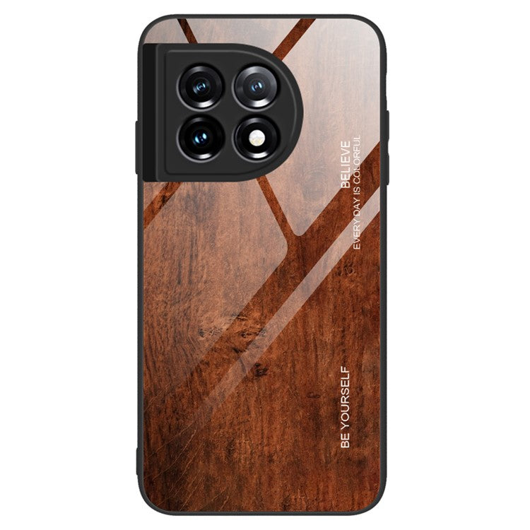 For OnePlus 11 5G Wooden Pattern Anti-fall Phone Case Tempered Glass + TPU Protective Cover - Coffee