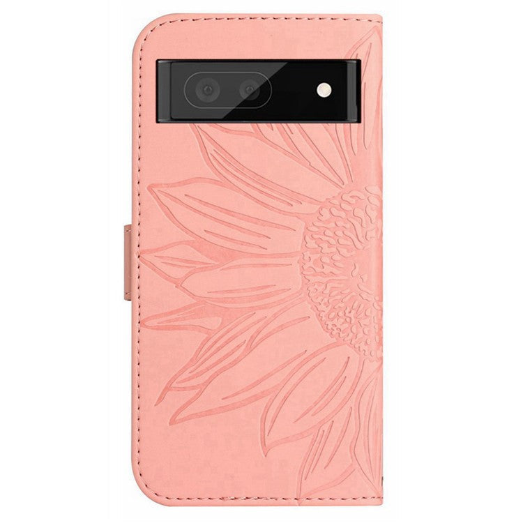 HT04 Phone Case for Google Pixel 7a PU Leather Cover Sunflower Pattern Wallet Phone Shell with Strap - Light Pink