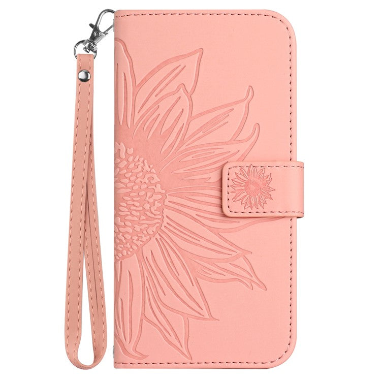 HT04 Phone Case for Google Pixel 7a PU Leather Cover Sunflower Pattern Wallet Phone Shell with Strap - Light Pink