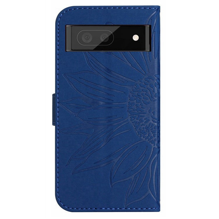 HT04 Phone Case for Google Pixel 7a PU Leather Cover Sunflower Pattern Wallet Phone Shell with Strap - Sapphire