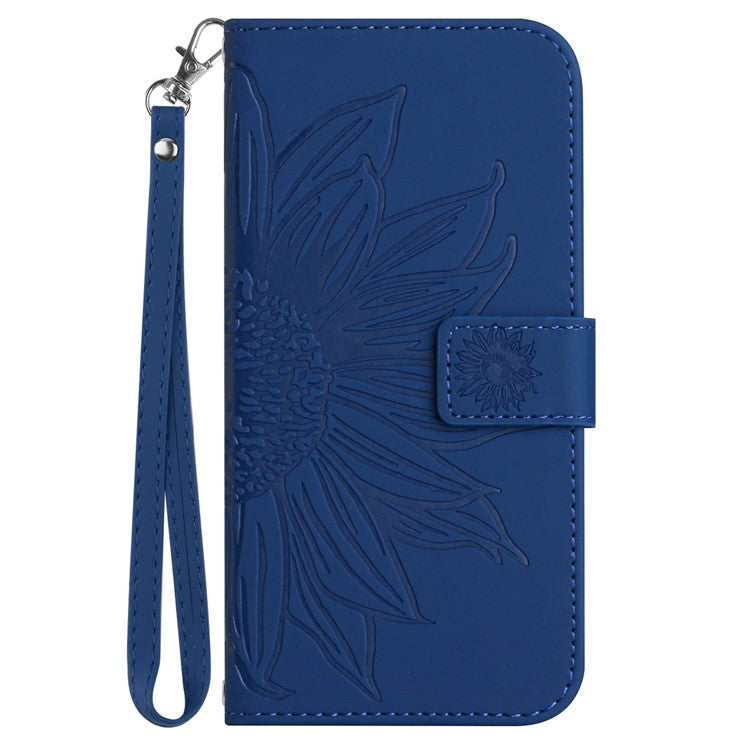 HT04 Phone Case for Google Pixel 7a PU Leather Cover Sunflower Pattern Wallet Phone Shell with Strap - Sapphire