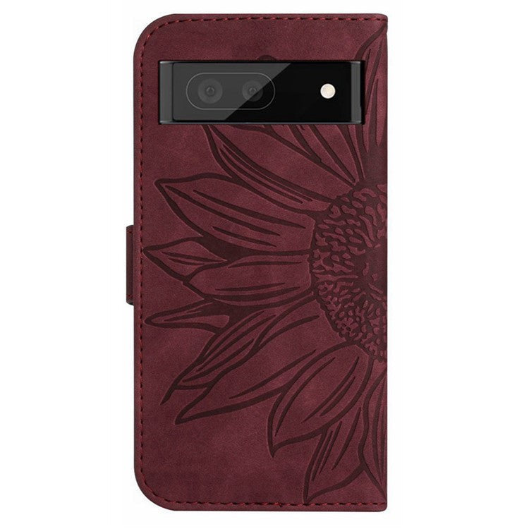 HT04 Phone Case for Google Pixel 7a PU Leather Cover Sunflower Pattern Wallet Phone Shell with Strap - Wine Red