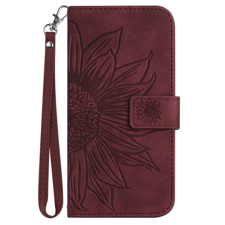 HT04 Phone Case for Google Pixel 7a PU Leather Cover Sunflower Pattern Wallet Phone Shell with Strap - Wine Red