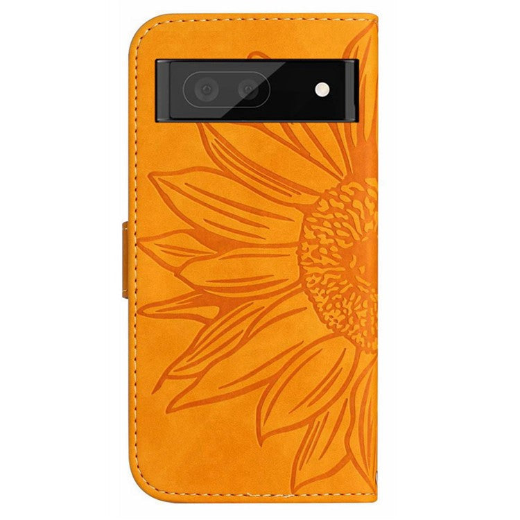 HT04 Phone Case for Google Pixel 7a PU Leather Cover Sunflower Pattern Wallet Phone Shell with Strap - Yellow