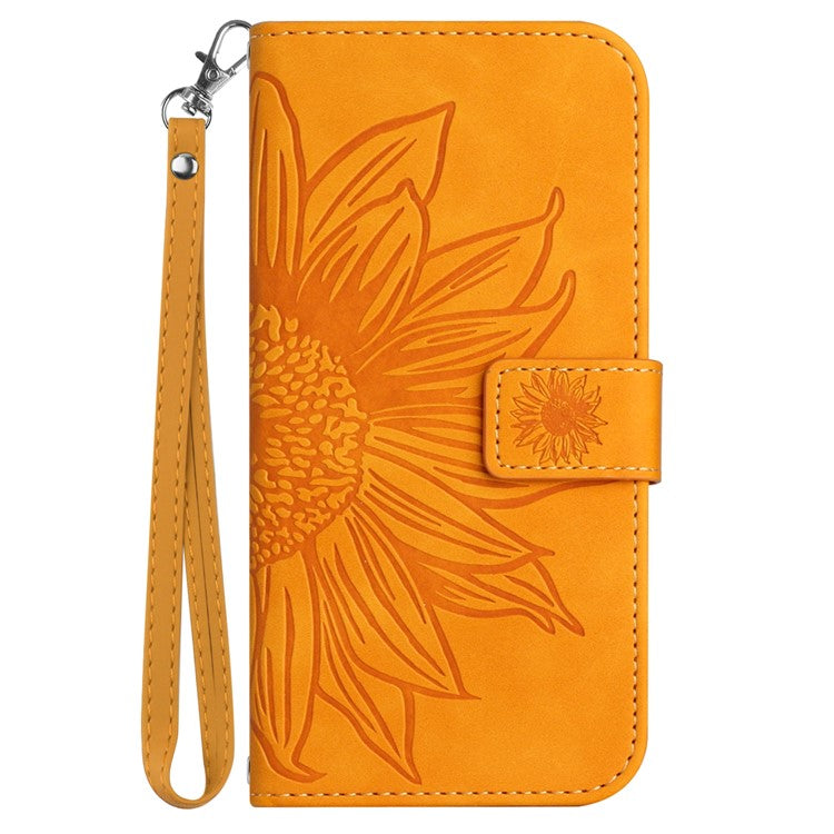HT04 Phone Case for Google Pixel 7a PU Leather Cover Sunflower Pattern Wallet Phone Shell with Strap - Yellow