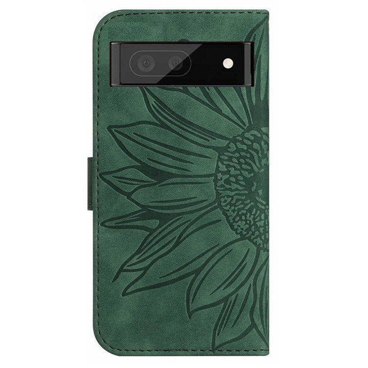 HT04 Phone Case for Google Pixel 7a PU Leather Cover Sunflower Pattern Wallet Phone Shell with Strap - Dark Green