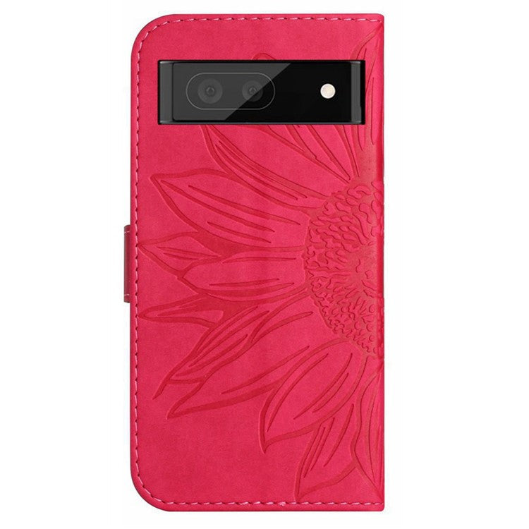 HT04 Phone Case for Google Pixel 7a PU Leather Cover Sunflower Pattern Wallet Phone Shell with Strap - Rose