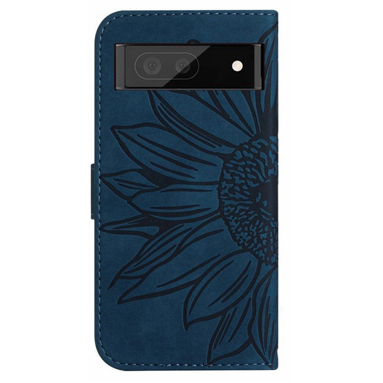 HT04 Phone Case for Google Pixel 7a PU Leather Cover Sunflower Pattern Wallet Phone Shell with Strap - Dark Blue