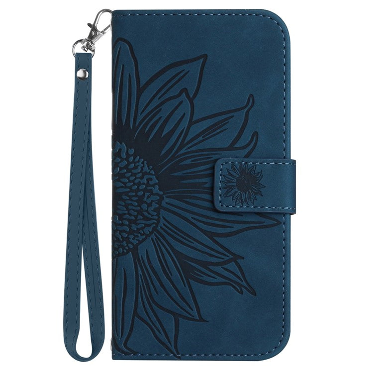 HT04 Phone Case for Google Pixel 7a PU Leather Cover Sunflower Pattern Wallet Phone Shell with Strap - Dark Blue