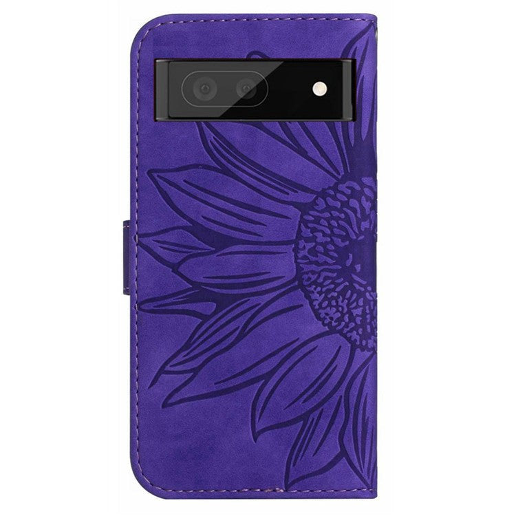 HT04 Phone Case for Google Pixel 7a PU Leather Cover Sunflower Pattern Wallet Phone Shell with Strap - Dark Purple