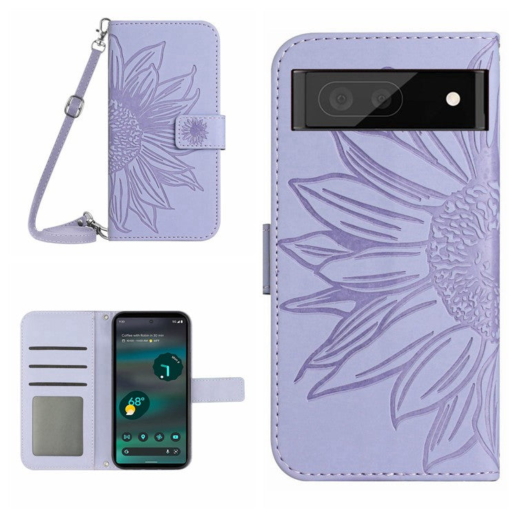 HT04 PU Leather Case for Google Pixel 7a Phone Cover with Shoulder Strap, Sunflower Pattern Wallet Phone Shell - Light Purple