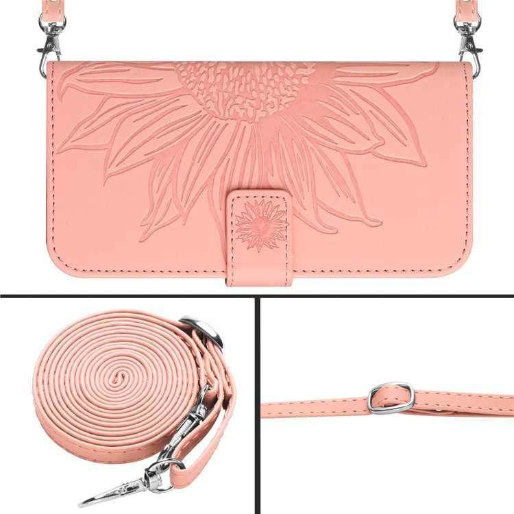 HT04 PU Leather Case for Google Pixel 7a Phone Cover with Shoulder Strap, Sunflower Pattern Wallet Phone Shell - Light Pink
