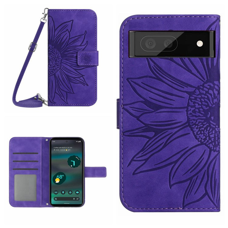 HT04 PU Leather Case for Google Pixel 7a Phone Cover with Shoulder Strap, Sunflower Pattern Wallet Phone Shell - Dark Purple