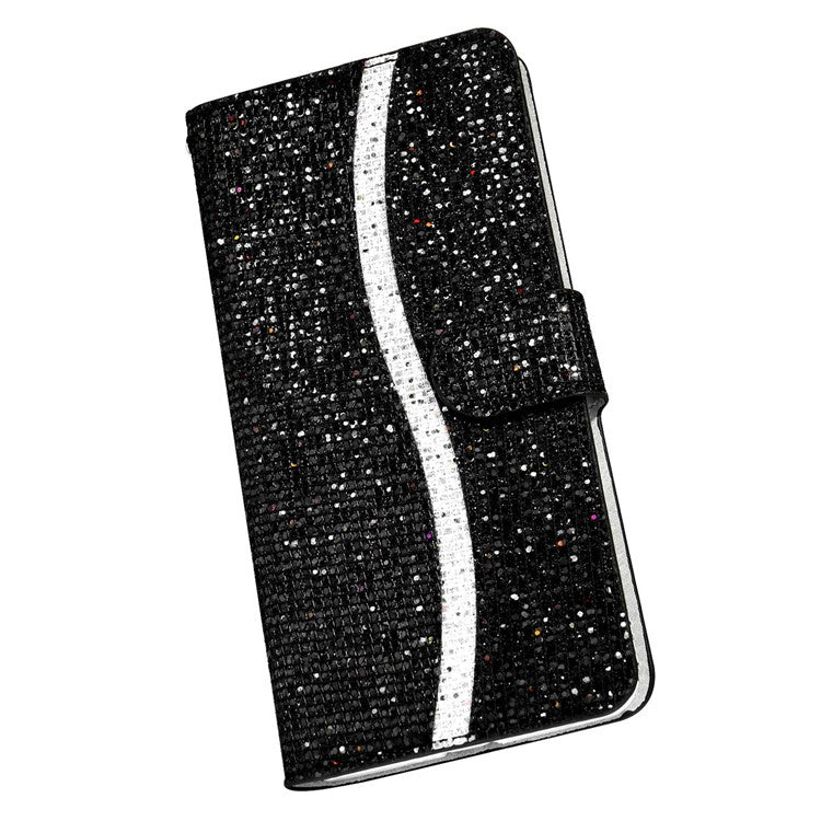 For Samsung Galaxy A34 5G Glitter Bling Splicing Phone Case Wallet PU Leather Stand Mobile Cover with Strap - Black