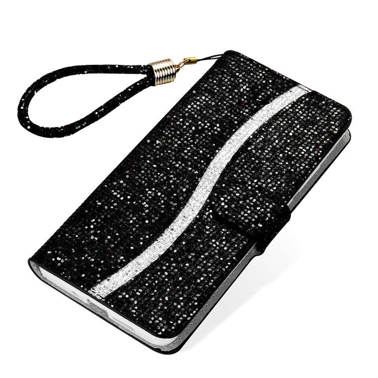 For Samsung Galaxy A34 5G Glitter Bling Splicing Phone Case Wallet PU Leather Stand Mobile Cover with Strap - Black