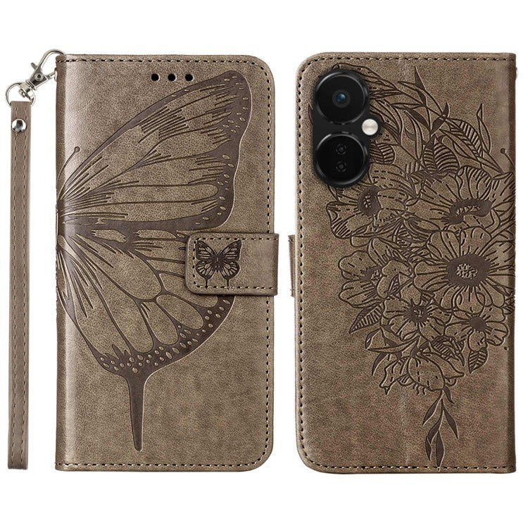 YB Imprinting Series-4 Phone Case for OnePlus Nord CE 3 Lite 5G / Nord N30 5G PU Leather Cover Imprinted Anti-Fall Wallet Case - Grey