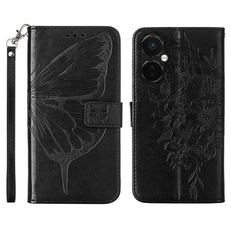 YB Imprinting Series-4 Phone Case for OnePlus Nord CE 3 Lite 5G / Nord N30 5G PU Leather Cover Imprinted Anti-Fall Wallet Case - Black