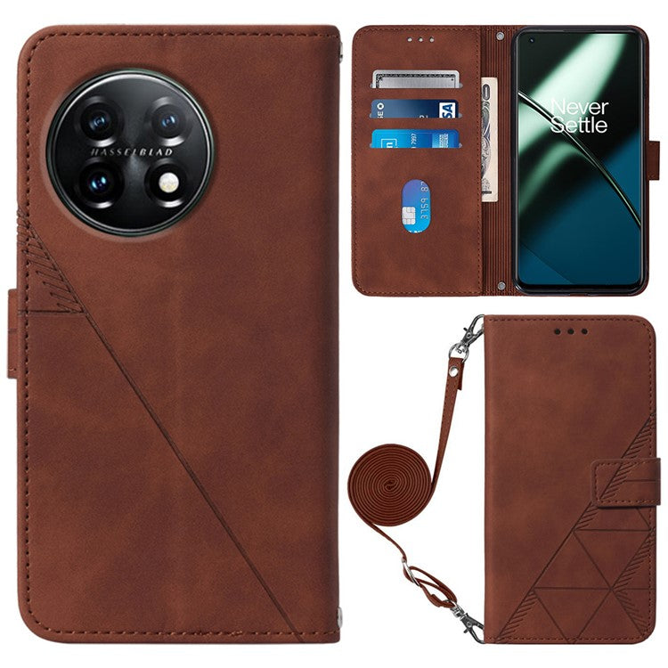 YB Imprinting Series-2 Flip Case for OnePlus 11 5G Imprinted Lines Wallet Stand Leather Phone Cover - Brown