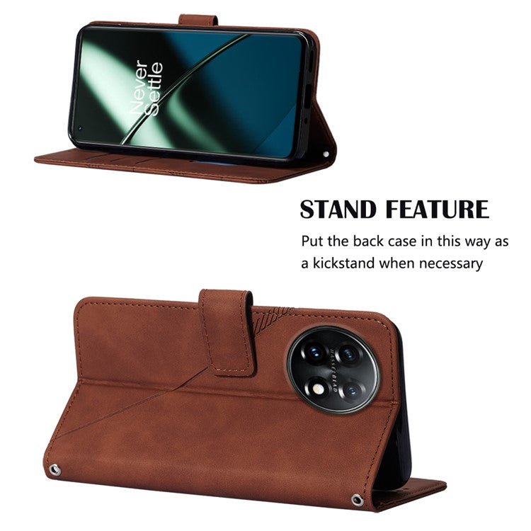 YB Imprinting Series-2 Flip Case for OnePlus 11 5G Imprinted Lines Wallet Stand Leather Phone Cover - Brown