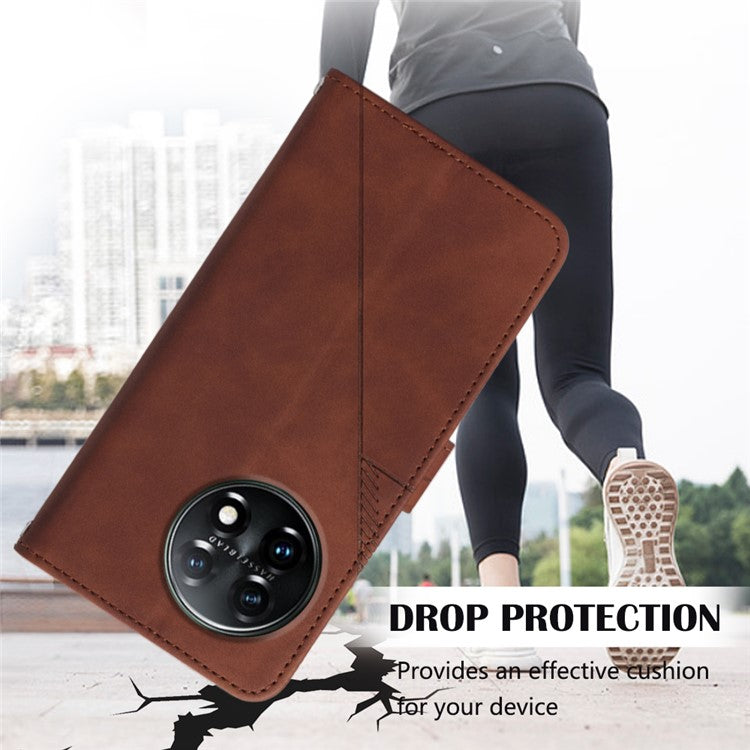 YB Imprinting Series-2 Flip Case for OnePlus 11 5G Imprinted Lines Wallet Stand Leather Phone Cover - Brown