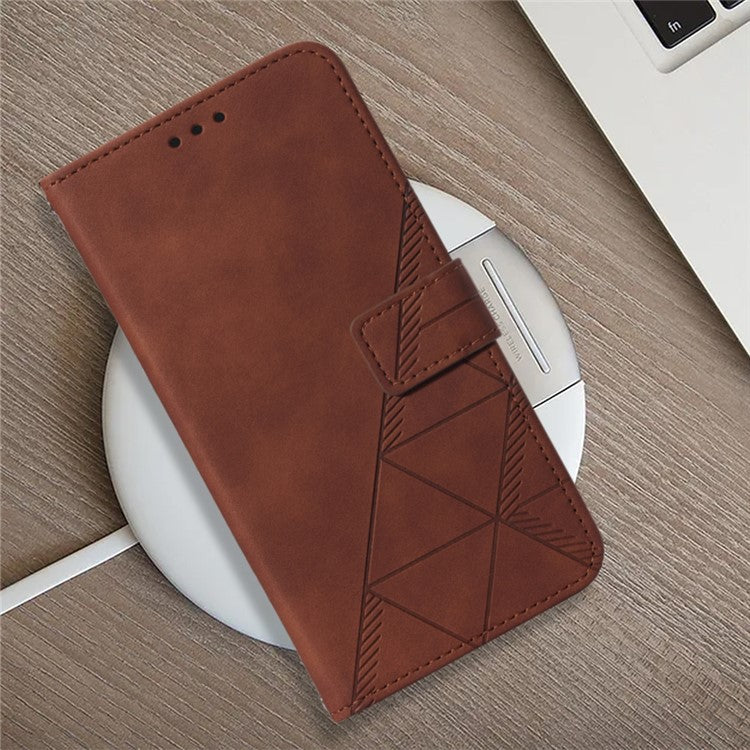 YB Imprinting Series-2 Flip Case for OnePlus 11 5G Imprinted Lines Wallet Stand Leather Phone Cover - Brown