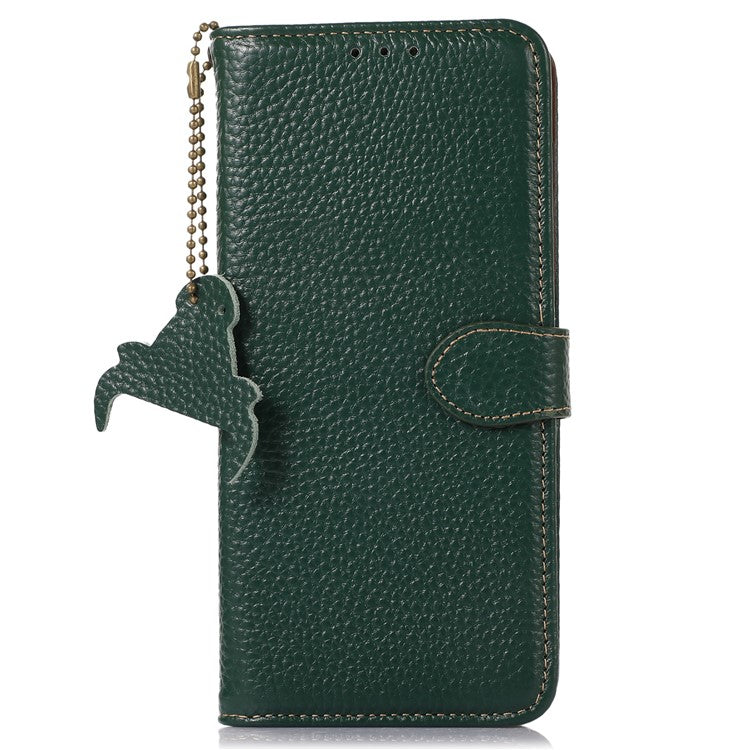 For Google Pixel 6a RFID Blocking Genuine Cow Leather Cover Litchi Texture Stand Wallet Phone Case - Green