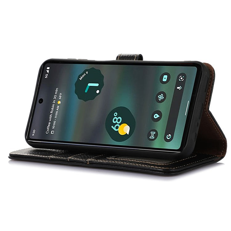 Litchi Texture Phone Cover For Google Pixel 7 Pro 5G Genuine Cow Leather RFID Blocking Stand Wallet Case - Black
