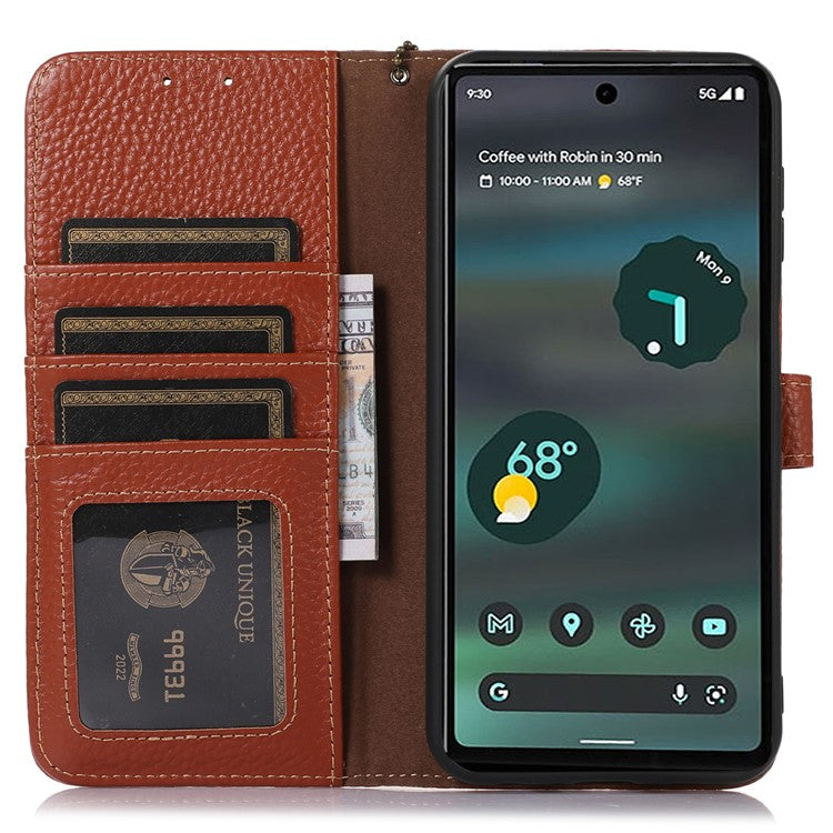 Litchi Texture Phone Cover For Google Pixel 7 Pro 5G Genuine Cow Leather RFID Blocking Stand Wallet Case - Brown