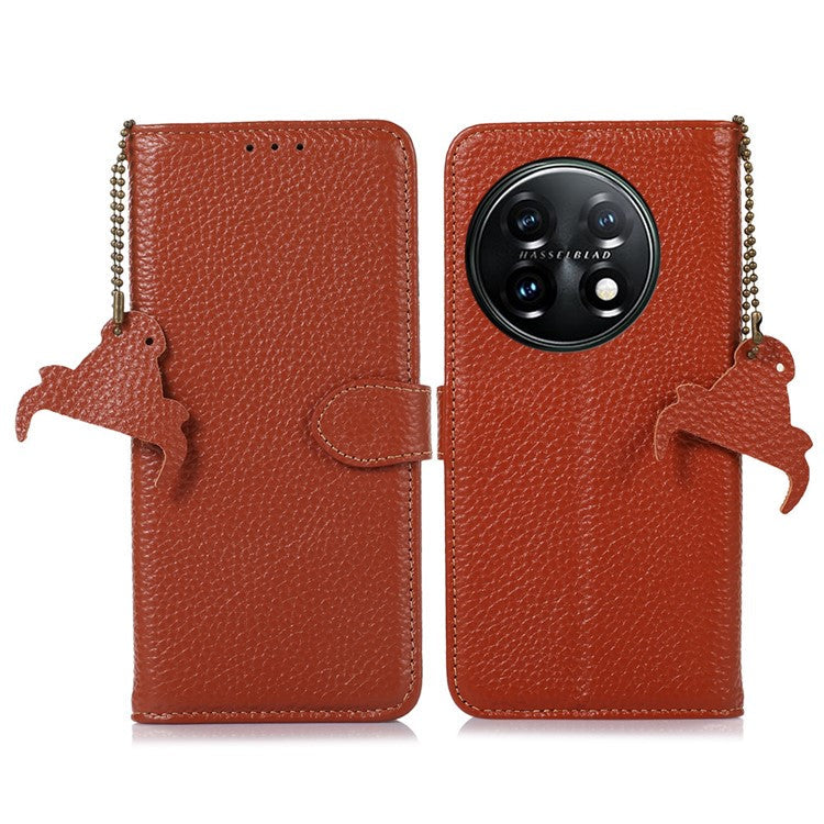 For OnePlus 11 5G RFID Blocking Stand Shell Cover Genuine Cow Leather Litchi Texture Wallet Case - Brown