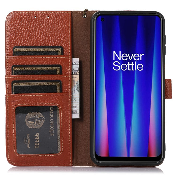 For OnePlus 11 5G RFID Blocking Stand Shell Cover Genuine Cow Leather Litchi Texture Wallet Case - Brown