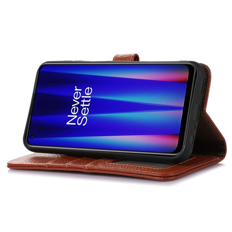 For OnePlus 11 5G RFID Blocking Stand Shell Cover Genuine Cow Leather Litchi Texture Wallet Case - Brown