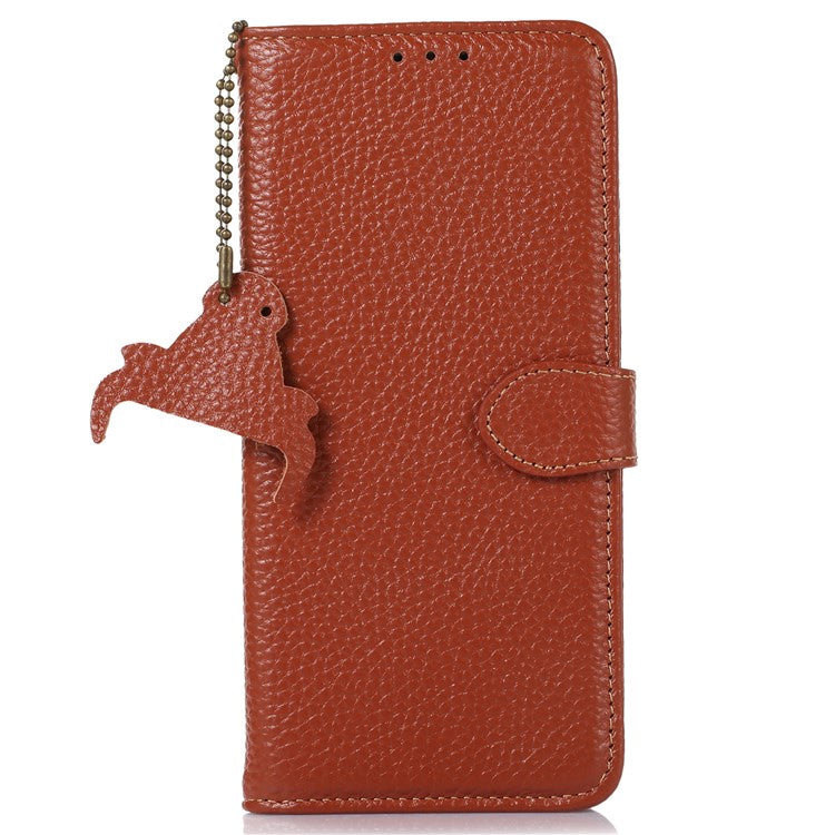 For OnePlus 11 5G RFID Blocking Stand Shell Cover Genuine Cow Leather Litchi Texture Wallet Case - Brown