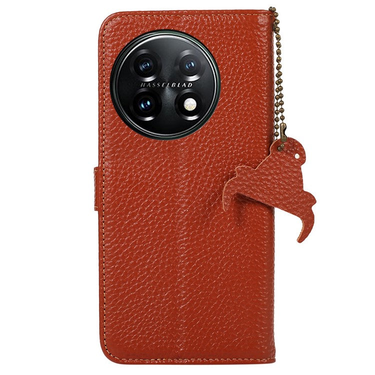 For OnePlus 11 5G RFID Blocking Stand Shell Cover Genuine Cow Leather Litchi Texture Wallet Case - Brown