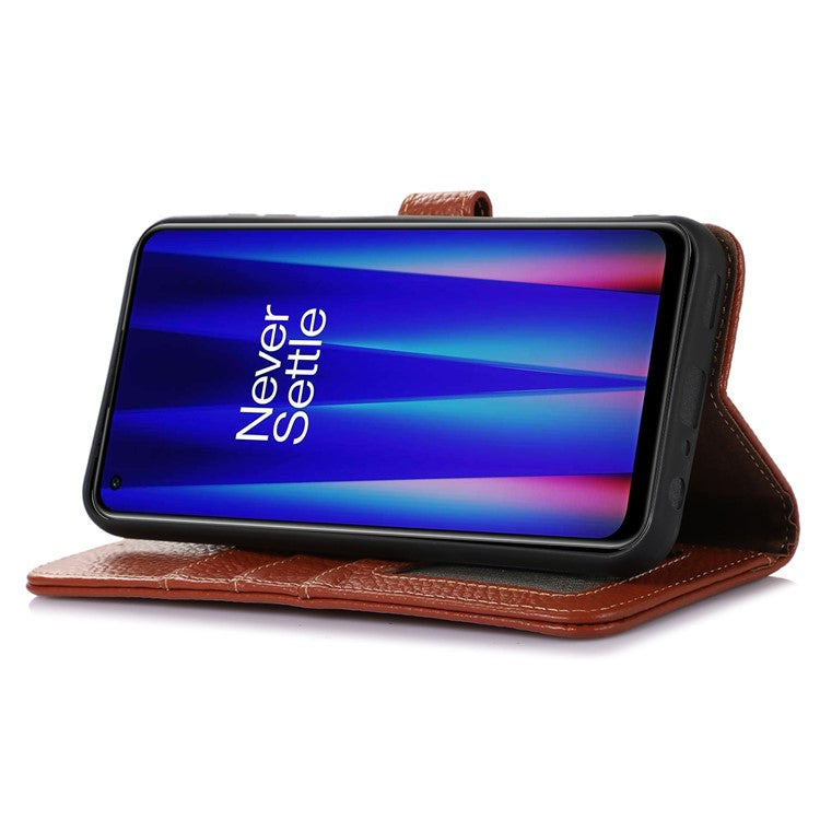 For OnePlus Ace 2 5G / 11R 5G Anti-Fingerprint Wallet Genuine Cow Leather Litchi Texture RFID Blocking Stand Case - Brown