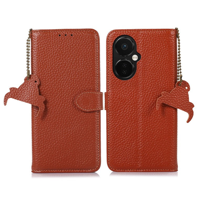 Cell Phone Cover for OnePlus Nord CE 3 Lite 5G / Nord N30 5G RFID Blocking Genuine Cow Leather Litchi Texture Stand Wallet Case - Brown