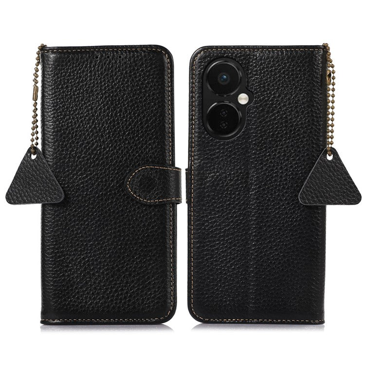 Cell Phone Cover for OnePlus Nord CE 3 Lite 5G / Nord N30 5G RFID Blocking Genuine Cow Leather Litchi Texture Stand Wallet Case - Black