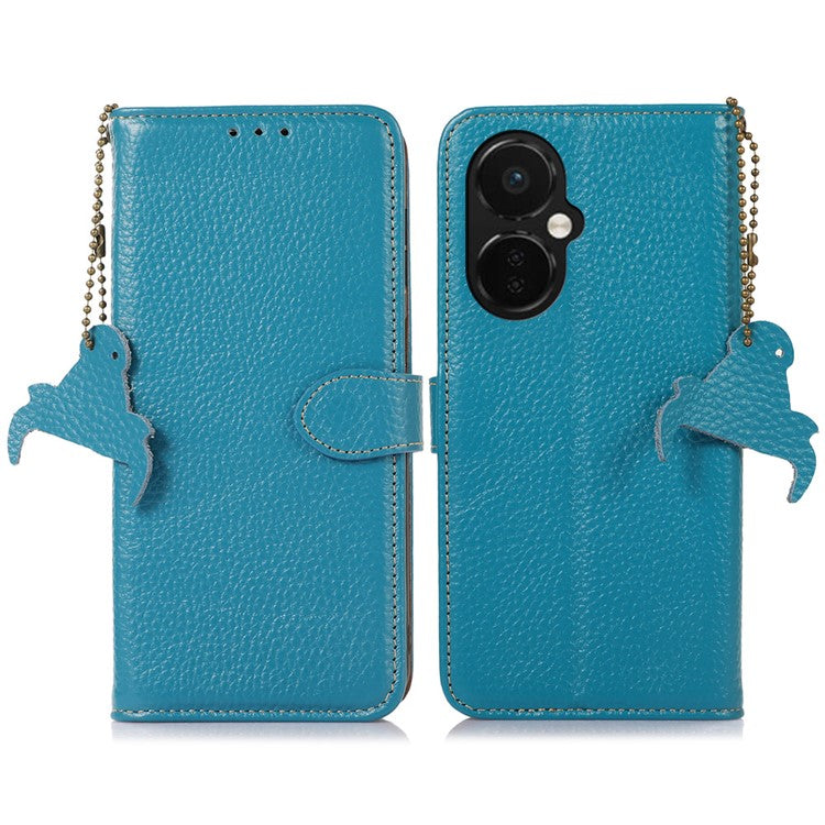 Cell Phone Cover for OnePlus Nord CE 3 Lite 5G / Nord N30 5G RFID Blocking Genuine Cow Leather Litchi Texture Stand Wallet Case - Blue
