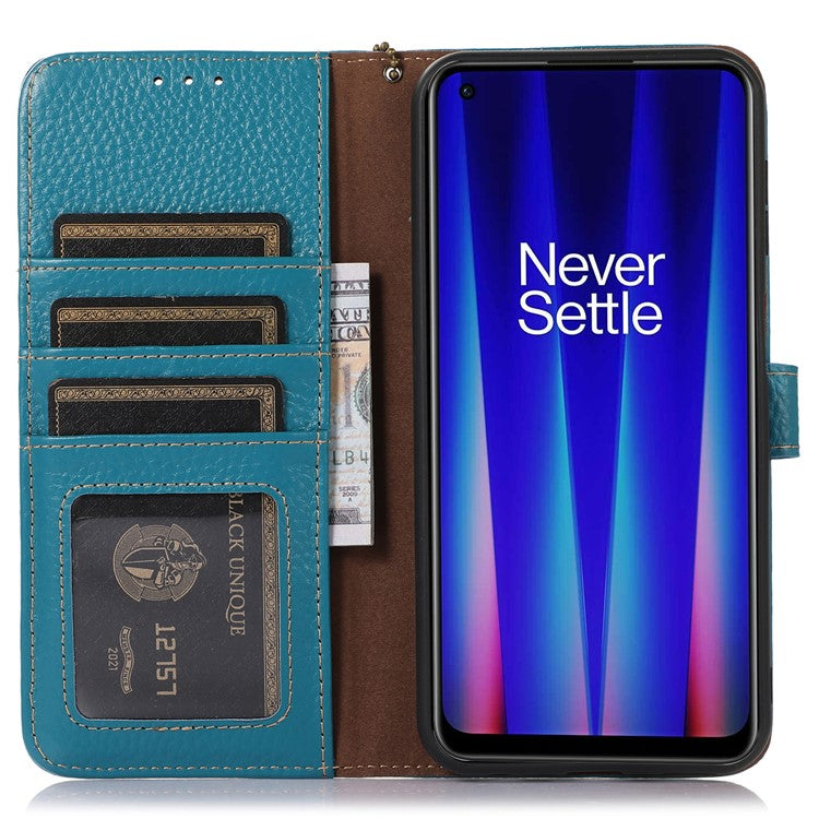Cell Phone Cover for OnePlus Nord CE 3 Lite 5G / Nord N30 5G RFID Blocking Genuine Cow Leather Litchi Texture Stand Wallet Case - Blue