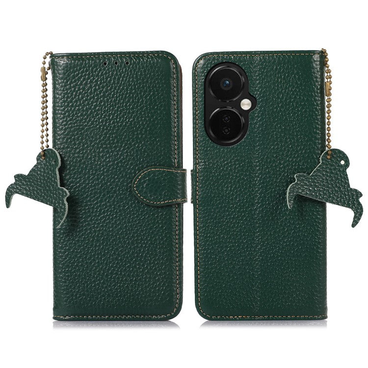 Cell Phone Cover for OnePlus Nord CE 3 Lite 5G / Nord N30 5G RFID Blocking Genuine Cow Leather Litchi Texture Stand Wallet Case - Green