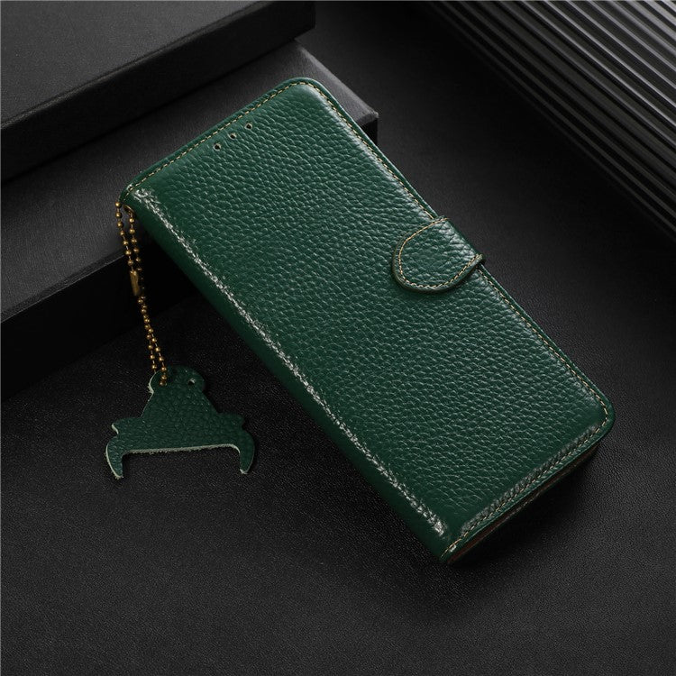 Cell Phone Cover for OnePlus Nord CE 3 Lite 5G / Nord N30 5G RFID Blocking Genuine Cow Leather Litchi Texture Stand Wallet Case - Green