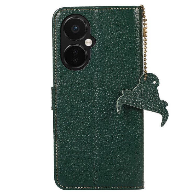 Cell Phone Cover for OnePlus Nord CE 3 Lite 5G / Nord N30 5G RFID Blocking Genuine Cow Leather Litchi Texture Stand Wallet Case - Green