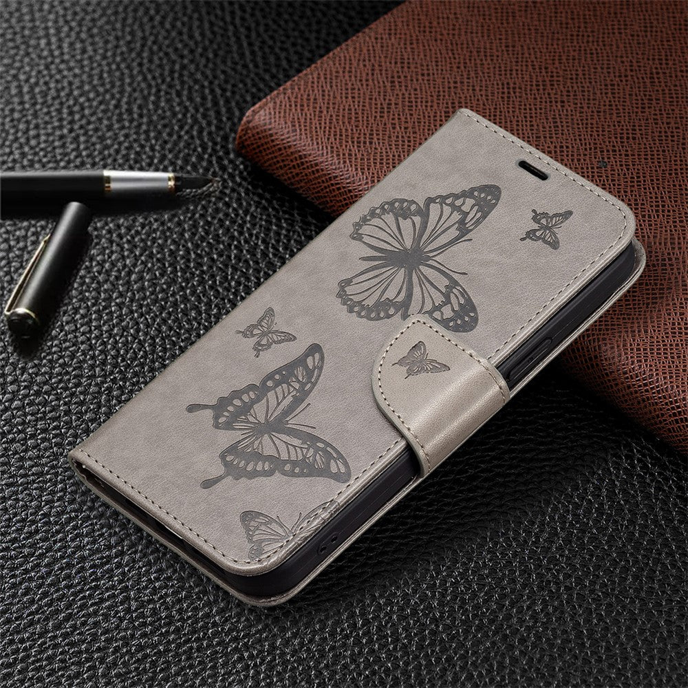 For Samsung Galaxy M14 5G Wallet Stand Phone Leather Case Butterfly Imprinted Phone Cover with Strap - Grey
