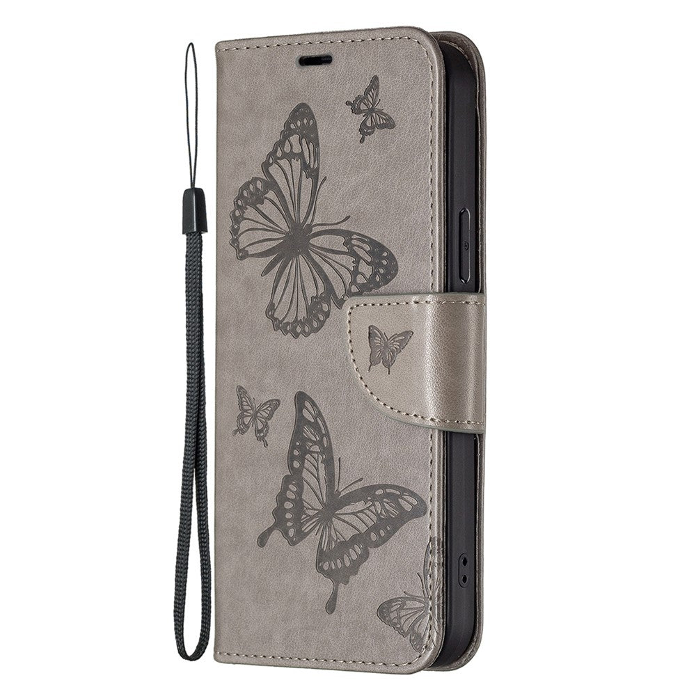 For Samsung Galaxy M14 5G Wallet Stand Phone Leather Case Butterfly Imprinted Phone Cover with Strap - Grey