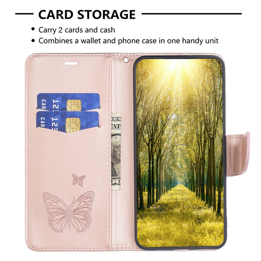 For Samsung Galaxy M14 5G Wallet Stand Phone Leather Case Butterfly Imprinted Phone Cover with Strap - Rose Gold