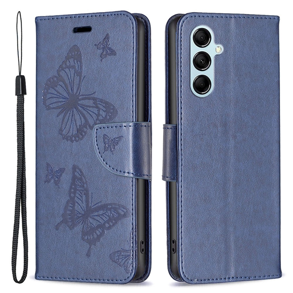 For Samsung Galaxy M14 5G Wallet Stand Phone Leather Case Butterfly Imprinted Phone Cover with Strap - Dark Blue