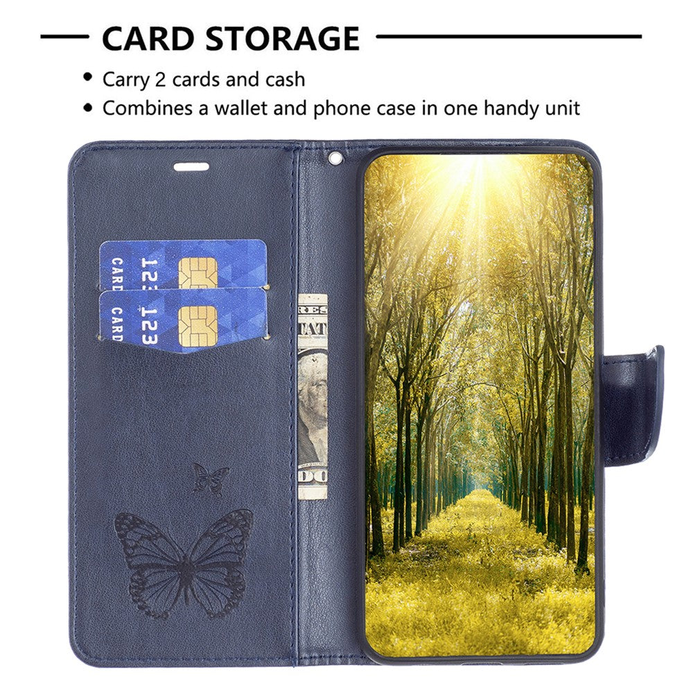 For Samsung Galaxy M14 5G Wallet Stand Phone Leather Case Butterfly Imprinted Phone Cover with Strap - Dark Blue